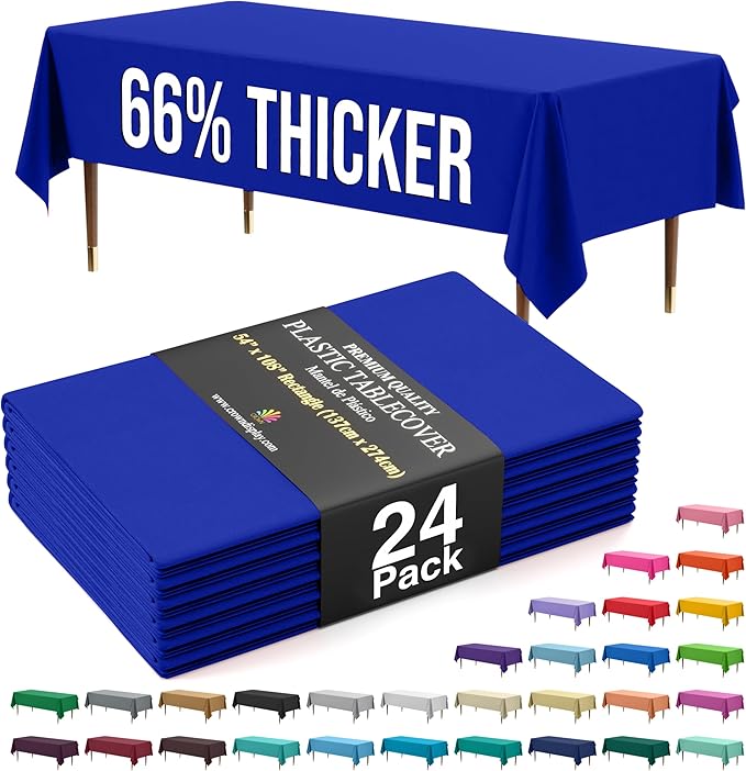 Exquisite 66% Thicker Premium Plastic Table Cloth Rectangle Table Cover 0.5 Mil 24 Pack Dark Blue Table Cloth 54 Inch x 108 Inch Disposable Tablecloth Won't Tear Easily Like Cheap Thin Brands