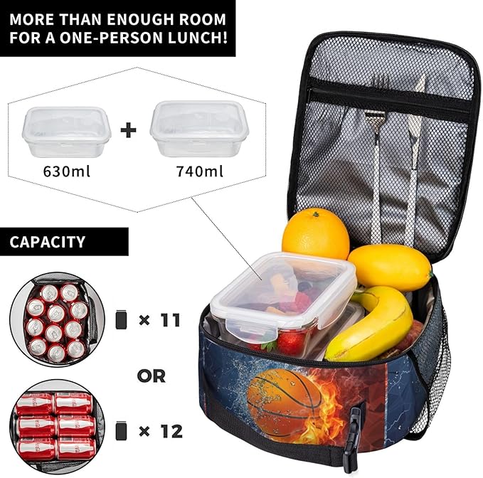 YIJIUWKIS Basketball Lunch Box for Kids Teens Boys Girls, Sports Insulated Lunch Bag Leakproof Portable Meal Bags with Side Pocket, Durable Reusable Tote Bag for Beach/Picnic/School/Work