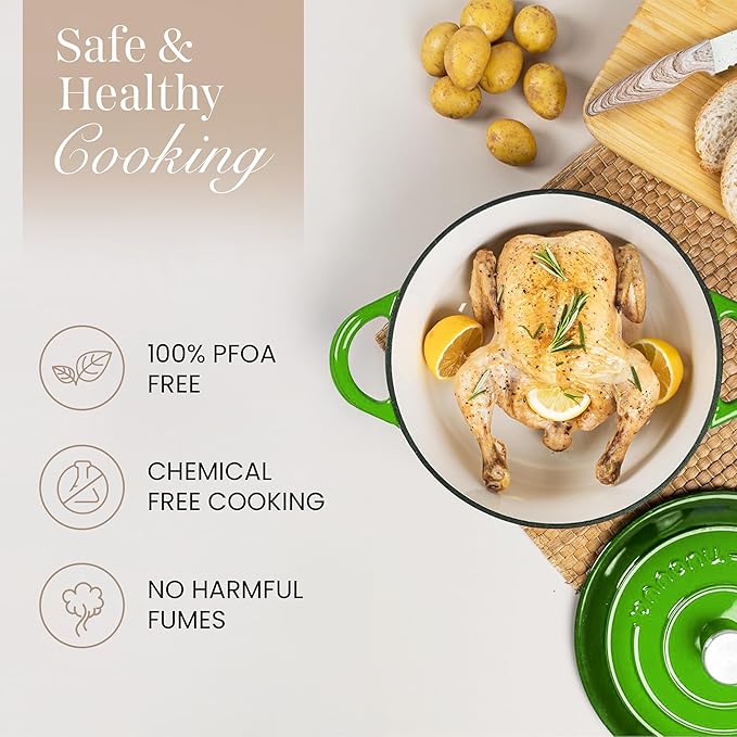 Nuovva Enamelled Cast Iron Dutch Oven Pot with Lid ??6.4 Quart Non Stick Casserole Pot ??Heavy Duty & Oven Safe up to 500째 F for Bread Baking, Braising, Stews, Roasting ??28cm Green