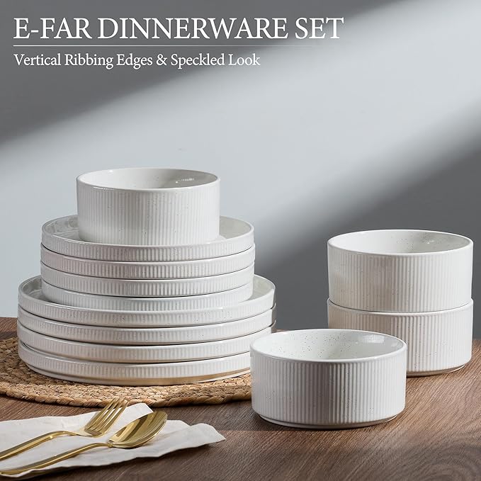 E-far 24-Piece Stoneware Dinnerware Sets, Plates and Bowls Sets for 8, Kitchen Modern Dinning Porcelain Dishes Set, Chip & Scratch Resistant, Dishwasher & Microwave Safe, Speckled White