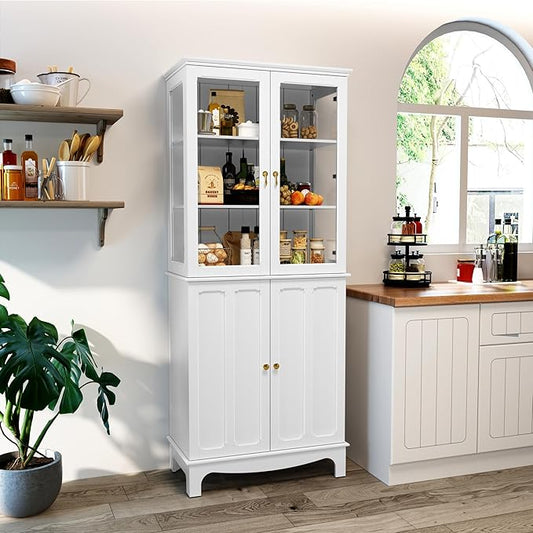 72" Tall Kitchen Pantry Cabinet with Glass Door and Adjustable Shelves, Vintage Food Storage Cabinet for Kitchen, Dining Room, Living Room, White