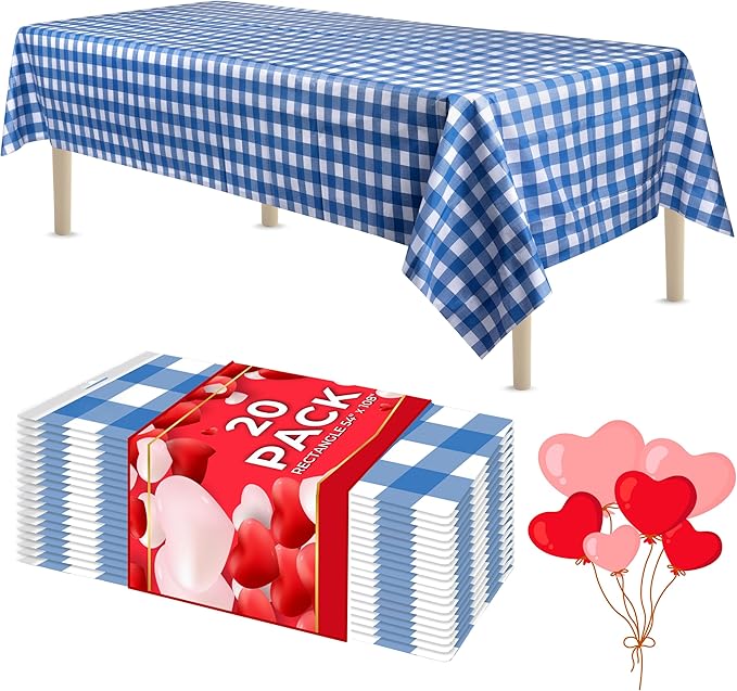 LEMON + Co. Blue Gingham Rectangle Table Cover Disposable Plastic Tablecloth 54 Inch. x 108 Inch. Premium Decorative Rectangle Table Cover 20 Pack