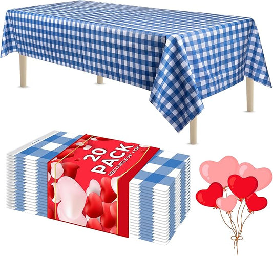 LEMON + Co. Blue Gingham Rectangle Table Cover Disposable Plastic Tablecloth 54 Inch. x 108 Inch. Premium Decorative Rectangle Table Cover 20 Pack