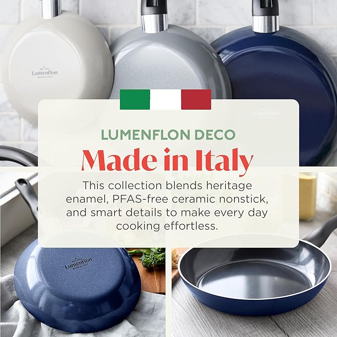 Deco 11??Nonstick Frying Pan Skillet, Made in Italy, Diamond Ceramic PFAS-Free, Dishwasher & Metal Utensil Safe, Durable Gloss Enamel Finish, Stay-Cool Handle, High Walls-Extra Room, Blue