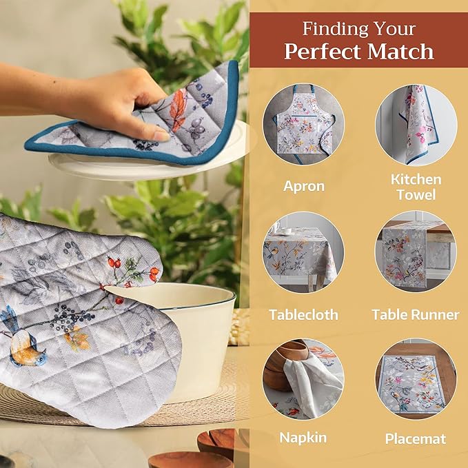 Maison d' Hermine 100% Cotton Oven Mitt & Pot Holder Set (7.5"x13" & 8"x8") Heat Resistant BBQ Cooking Gloves with Loop for Thanksgiving Christmas Decorations Handling Hot Pans (Equinoxe - Grey)