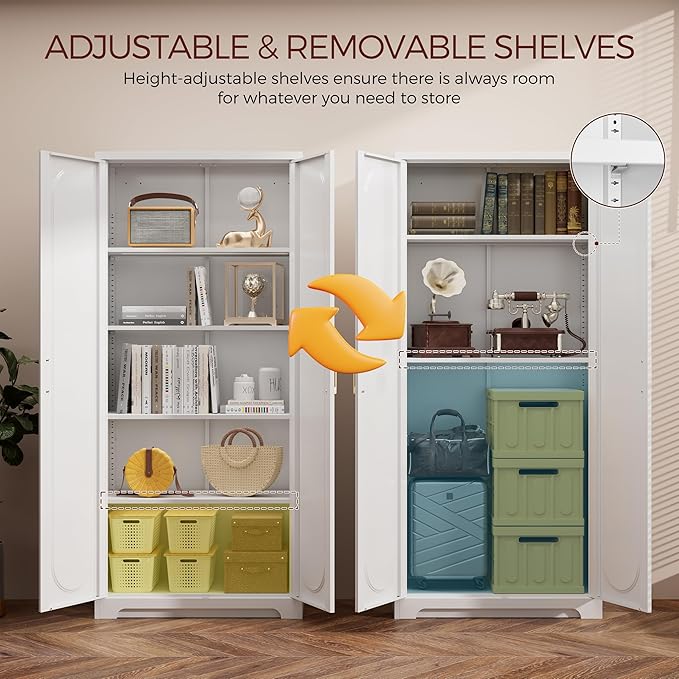 71" White Pantry Cabinet with Doors, Tall Metal Kitchen Pantry Storage Cabinet with 4 Adjustable Shelves and Gold Handles, Cupboard for Laundry, Dining Room, Living Room, Bathroom