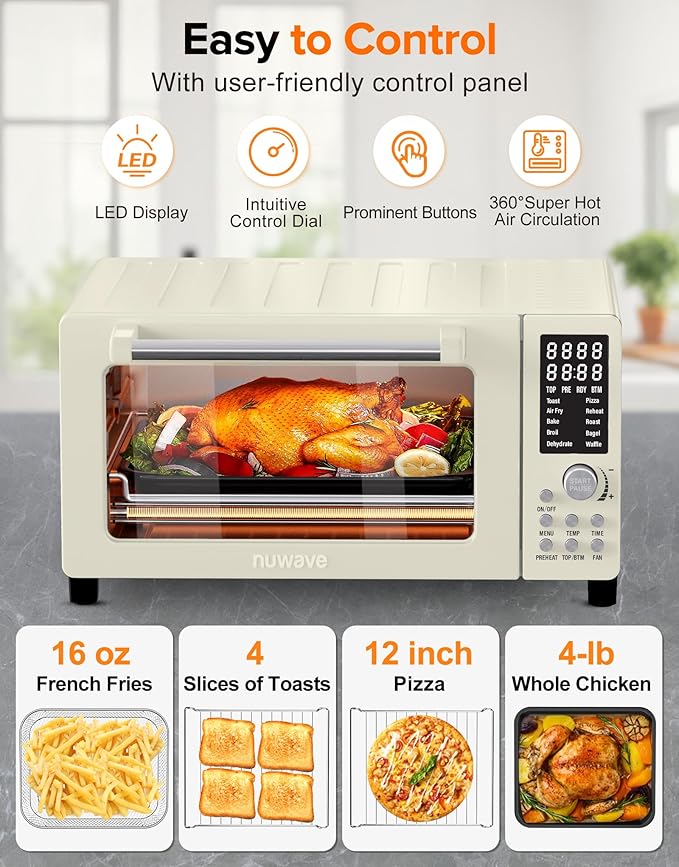 Nuwave Bravo Pro Smart Air Fryer Toaster Oven Combo, Airfryer Convection Oven Countertop, 10-in-1 Functions with Quicker & Even Crisp Technology, 1800W, 50-450째F, PFAS-Free, 21QT, Vanilla Cream