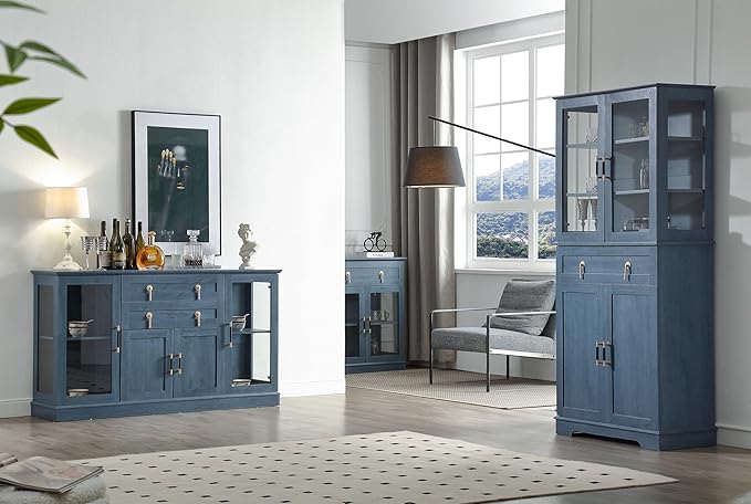 Storage Cabinet Set,Three Different cabinets with Glass Doors Fulfilling All Needs for Storage and Showcase,for Kitchen,a Pantry+Large Sideboard+Small Buffet Cabinet (Blue)
