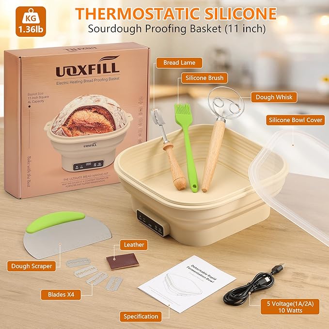 Upgrade Heating Sourdough Bread Proofing Basket Set, Electric Thermostatic Silicone banneton bread proofing basket,Sourdough bread baking supplies,11 Inch Square Foldable Sourdough Proofing Bowl