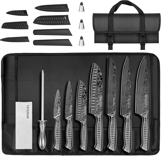 MOSFiATA Kitchen Knife Set, 12 Pcs Japanese Stainless Steel Knife Sets for Kitchen with Oxford cloth storage bag with Knife Sharpening Rod, Dishwasher Safe, For Outdoor(grey)