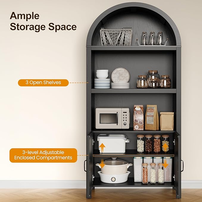 RoyalCraft Arched Rattan Storage Cabinet Set of 2, 70" Tall Boho Kitchen Pantry Display Cabinet with 2 Doors, Farmhouse Bookshelf Cupboard for Living Room Kitchen, Dining Room, Black