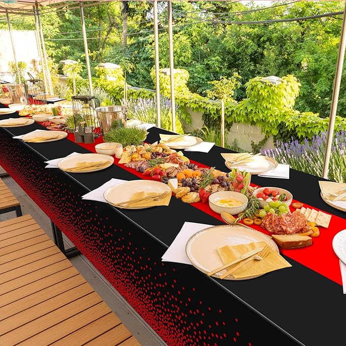 MASHAN 1Pcs Black and Red Tablecloth Party Decorations,Plastic Black Table Cloth Printed Red Table Runner Disposable Rectangle Cover for Birthday Weeding Anniversary Graduation Party,54 x108 Inch