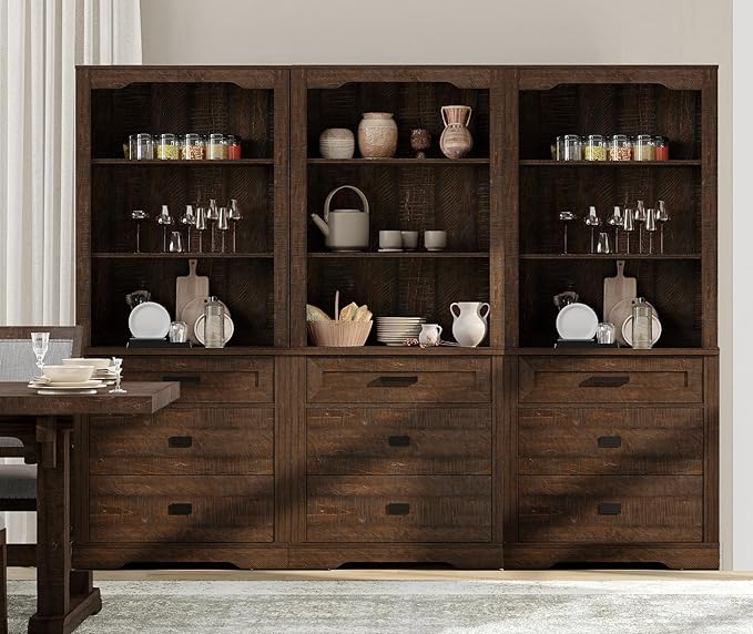 WAMPAT 3 Column 3 Tier Pantry Cabinet with Drawer,73.3" Tall Floor Standing Cupboard,Modern Farmhouse Display Kitchen Buffet with Adjustable Shelves for Dining Room,Living Room,Rustic Brown