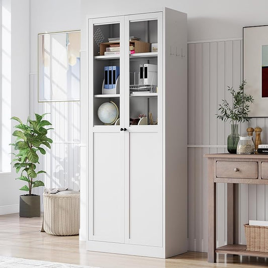 Kitchen Pantry Cabinet, 72" H Storage Cabinet with Glass Doors and Adjustable Shelves, Metal Bathroom Cabinets, Utility Cabinets for Kitchen, Living Room Assembly Required, White