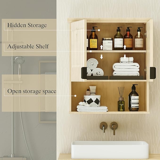 FLOWBACK Bathroom Wall Cabinet Over The Toilet Storage, 23.5횞31.4 Inch Wall Mounted Medicine Cabinet with Adjustable Shelf and Door, Natural Wood Storage Cabinet for Laundry Room, Bedroom Kitchen
