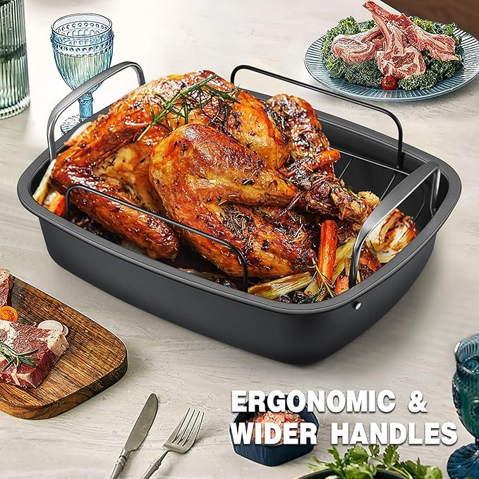 Nonstick Turkey Roasting Pan with Rack - 17횞13 Inch Extra Large Roaster Pan, Deep Turkey Tray for Oven, U-Shaped Rack, Wider Handles, Ideal for Ovens, Thanksgiving, and Christmas