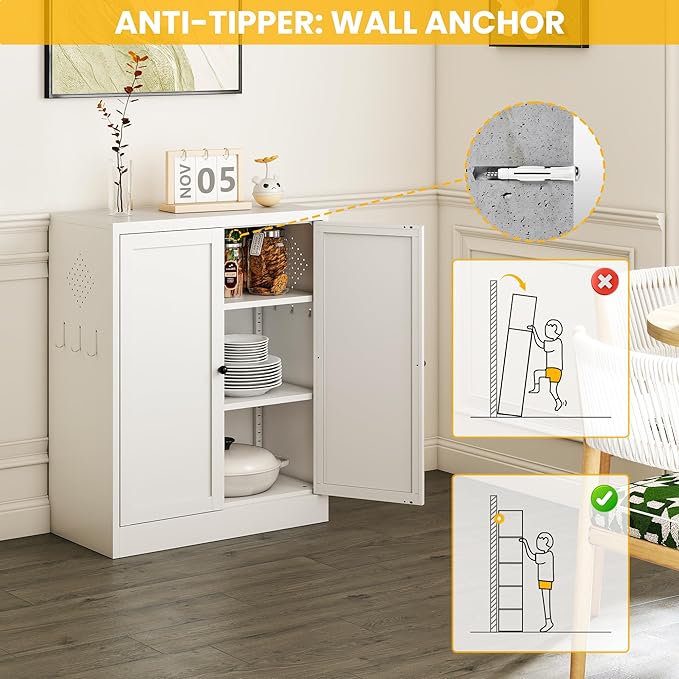 34.5" Metal Storage Cabinet with 2 Adjustable Shelves, Kitchen Pantry Cabinet with Ventilation Holes and Hooks for Home, Living Room, Pantry (White)