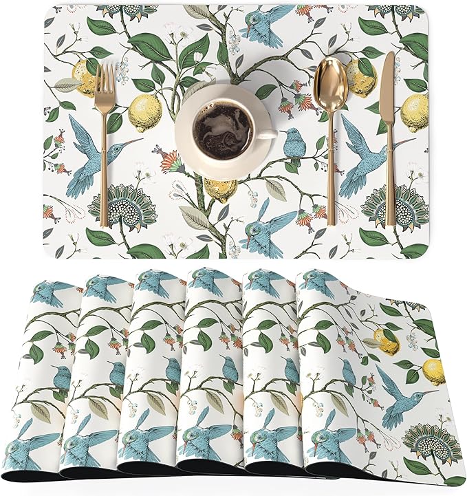 QIYI Placemats Set of 6, 12x18 Inch Faux Leather Place Mats for Kitchen Dinning, Heat Resistant Anti Slip Birds Table Mats, Waterproof Wipeable Washable Placemat Party Table D챕cor, Vintage Lemon Trees