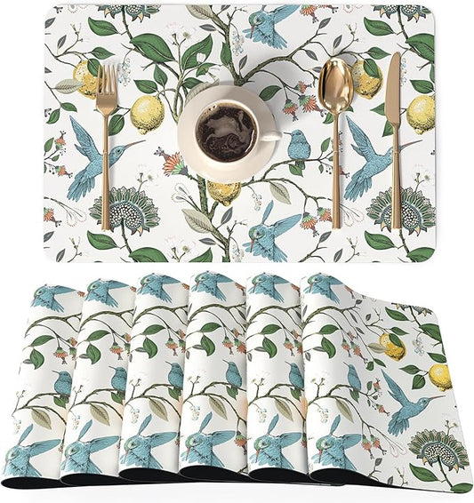 QIYI Placemats Set of 6, 12x18 Inch Faux Leather Place Mats for Kitchen Dinning, Heat Resistant Anti Slip Birds Table Mats, Waterproof Wipeable Washable Placemat Party Table D챕cor, Vintage Lemon Trees