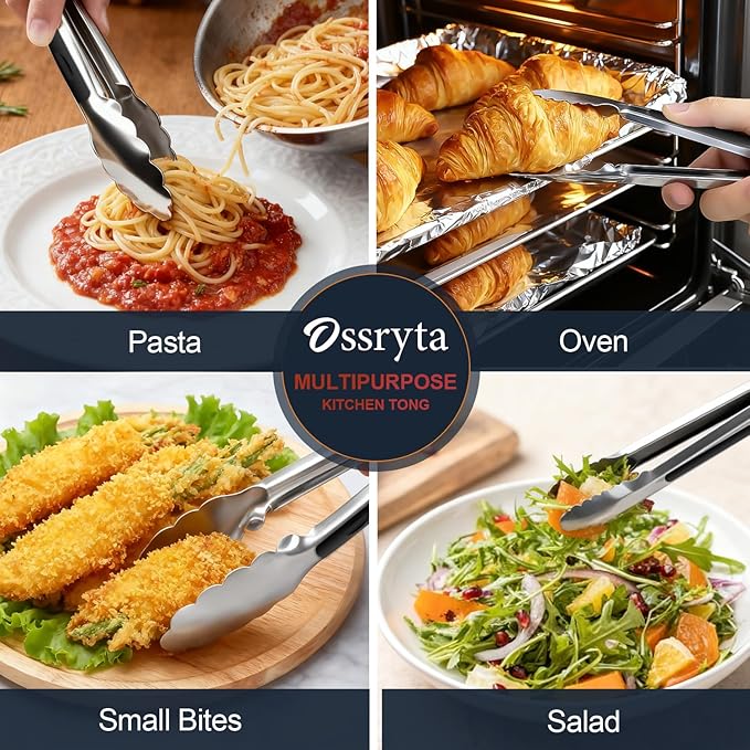 Small Cooking Tong Set of 3 - Mini 7 Inch Stainless Steel Locking Tongs, Heat Resistant to 600째F, Food Grade Kitchen Metal Tong for Food, Salad, Pasta, Steaks, Vegetables - Dishwasher Safe