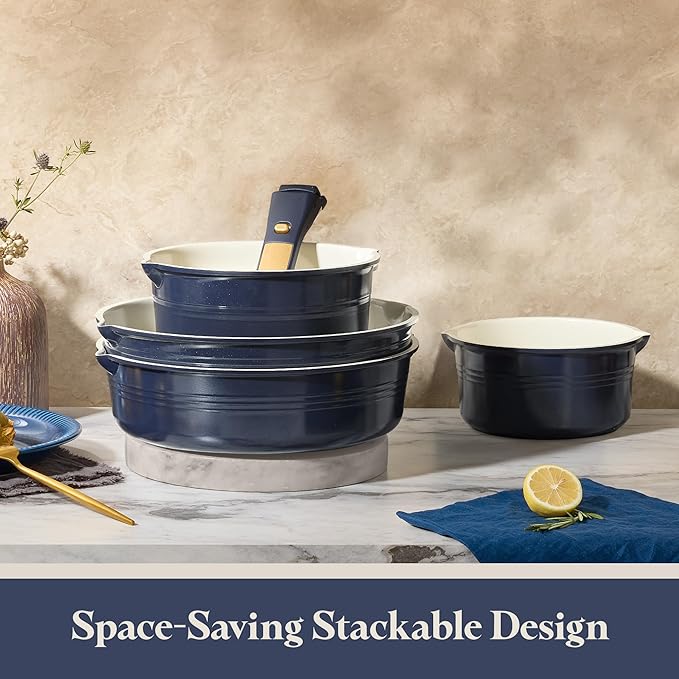 CAROTE 22Pcs Titanium Cookware Set, Pots and Pans Set Non Stick, Kitchen Cooking Set with Detachable Handle, Non Toxic Induction Cookware, Dishwasher/Oven Safe竊똁lue