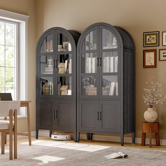 ONBRILL 71" Tall Arched Cabinet, 5-Tier Arched Kitchen Pantry with Glass Doors & Shelves, Modern Display Arch Cabinet with Adjustable Feet, Wooden Pantry for Living Room, Dining Room (Black)