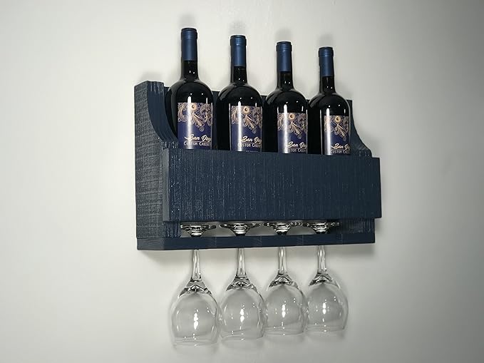 Barnwood Wall Mount Wine Rack Holds 4 Wines and 4 Long Stem Glass Rustic Reclaimed Wood (Oceanside Blue)