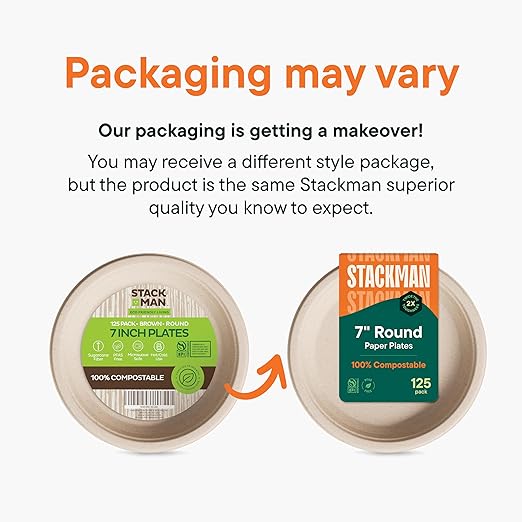 Paper Plates, 100% Compostable Heavy Duty, Disposable 7 Inch, Small Dessert Plate - [125-Pack] - {PFAS-Free} - {BPI Certified} Eco-Friendly, Biodegradable Bagasse Natural Brown 7" Small Plates