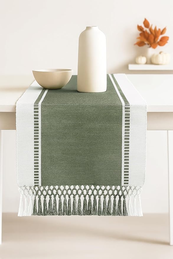 PurpleEssences Table Runner - Wide with Dobby Stripe, Heavy Ribbed Weave & Double Knot Fringes, 14x54 Inch (14x59.5 with Fringes) Farmhouse Decor Christmas Holiday Winter - Artichoke Green and H.White