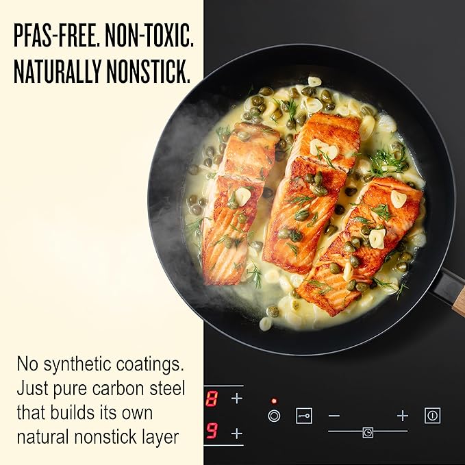 Alva Forest 4-Piece Carbon Steel Frying Pan Set ??Naturally Nonstick, Pre-Seasoned, with Acacia Wood Handle, Made Without PTFE, PFOA, PFAS ??Sustainable Belgian Design, Induction & All-Stovetop Safe