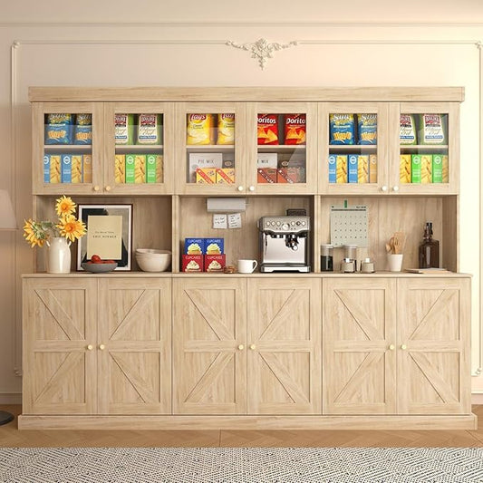 Vyre 71" Farmhouse Kitchen Pantry Cabinet Set of 3, Brown Freestanding Coffee Bar Hutch with Glass Doors & Adjustable Shelves, Large Storage Cabinet with Microwave Stand for Living Room & Kitchen