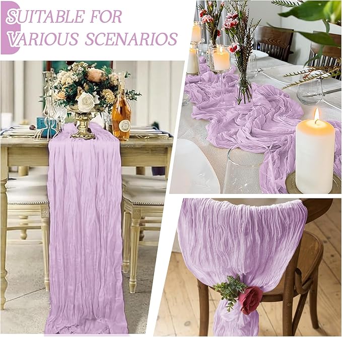 RealBox 6 Pack Lavender Cheesecloth Table Runner 17x108 Inch Semi Sheer Boho Gauze Cheese Cloth Fabric Table Runners Table Decor for Wedding Party Baby Shower Birthday Home Decor Garden Farmhouse