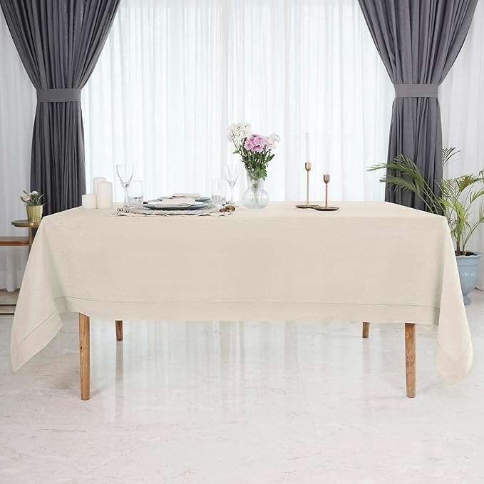 D'Moksha Homes Light Natural Linen Tablecloth for Rectangle Tables 60 x 90 Inch - 100% Pure Linen Natural Table Cloth - Classic Hemstitch, Machine Washable Tablecloth for Valentines, Spring, Easter
