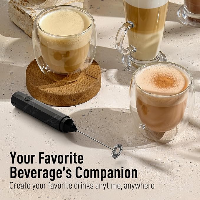 Zulay Froth N Go Milk Frother ??Rechargeable 3-in-1 Handheld Frother Wand with Travel Case & USB-C Charger ??Single, Double & Egg Whisk for Latte, Cappuccino, Matcha, Protein Shakes ??Black Marble