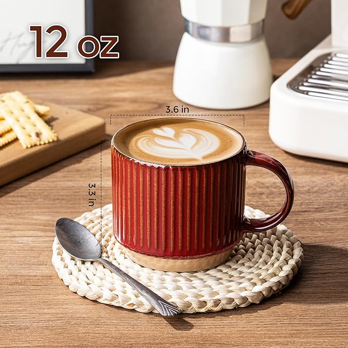 GBhome 12 OZ Stackable Coffee Mugs, Ceramic Coffee Mugs with Texture Patterns for Man,Woman,Dad,Mom, Modern Coffee Mugs Set of 4 for Latte/Cappuccino/Cocoa. Dishwasher&Microwave Safe