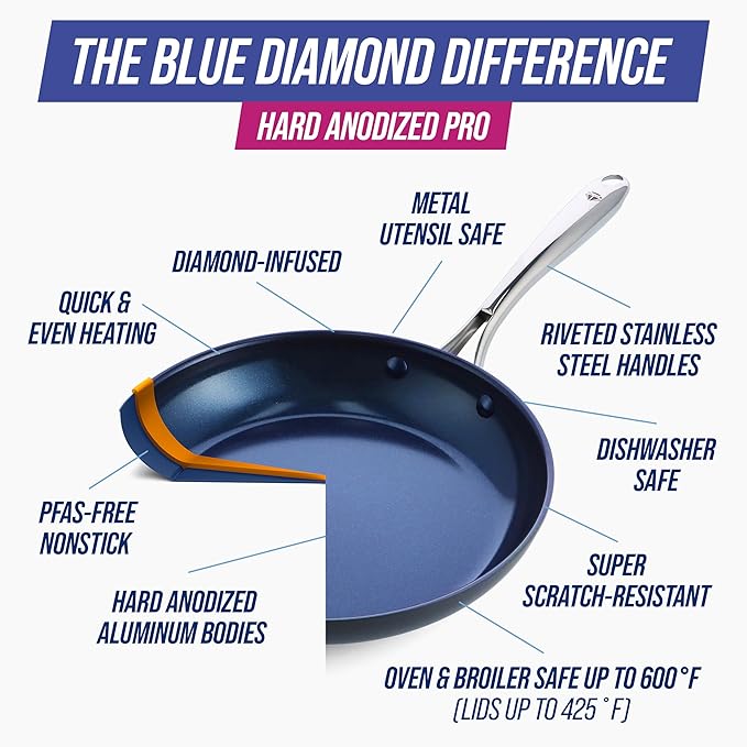 Blue Diamond Cookware Hard Anodized Ceramic Nonstick, 10 Piece Cookware Pots and Pans Set, Non-Toxic PFAS-Free, Dishwasher and Oven Safe, Durable, Even Heating, Metal Utensil Safe, Gray