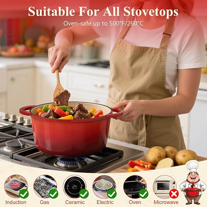 5QT Enameled Cast Iron Dutch Oven for Bread Baking, Sourdough Bread Making Supplies Tools Starter Kit, Dutch Oven Pot with Lid, Banneton Bread Proofing Basket and Scoring Lame, Red Christmas Gifts Idea