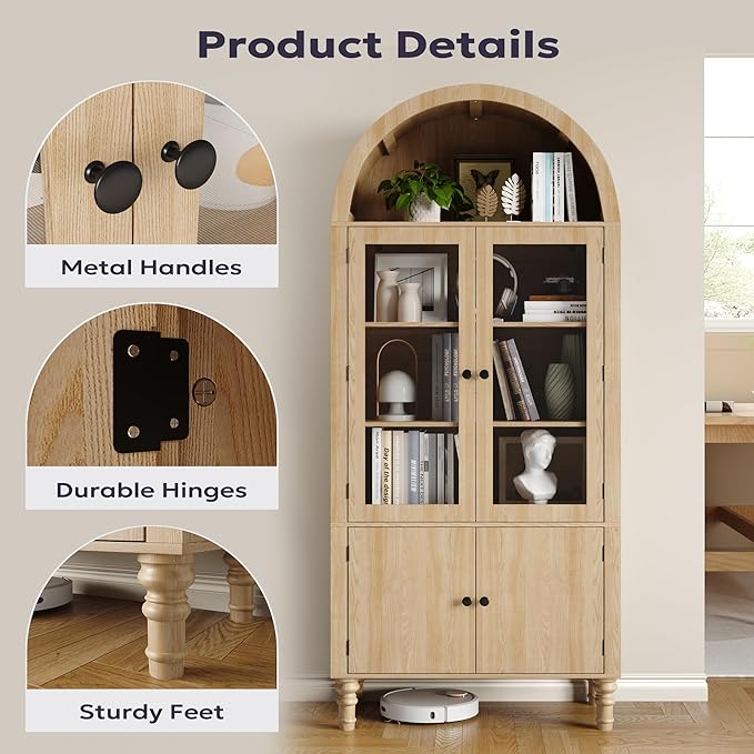 71" Tall Arched Pantry Cabinet, Modern Kitchen Storage Cabinet with Doors, 3 Adjustable Shelves, Door Shelves, Organizer, Versatile Cupboard for Kitchen, Bathroom, Natural