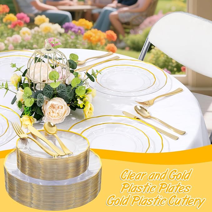 EI 150pcs Clear Plastic Plates with Gold Plastic Silverware,Disposable Plate Heavy Duty,Clear and Gold Dinnerware Set,Elegant Plates for Party,Wedding,Afternoon Tea,Spring,Valentine's Day