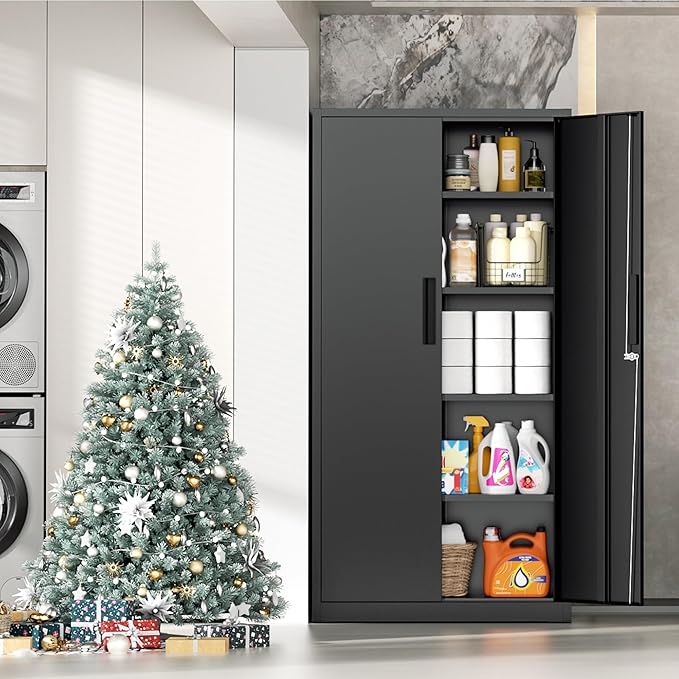 INTERGRAET 63" Tall Pantry Cabinet,Kitchen Pantry Storage Cabinets with 2 Doors and 4 Shelves,Black Metal Storage Cabinet,Cupboard for Home,Kitchen,Living Room/Dining