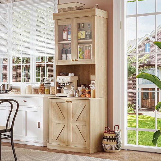 71" Tall Farmhouse Kitchen Pantry, Large Storage Cabinet with Glass Doors, Freestanding Coffee Bar Hutch with Microwave Stand, Adjustable Shelves for Kitchen, Living Room, Brown 4 Pcs
