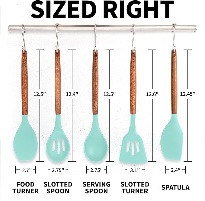 Zulay Kitchen Non-Stick Cooking Utensils Set with Authentic Acacia Wood Handles ??5-Piece Durable & Stylish Silicone Kitchen Utensils Set ??Heat Resistant to 464째F ??Aqua