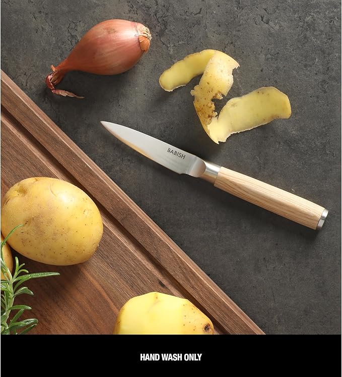 Babish 1.4116 German Stainless Steel Paring Knife with Light Pakka Wood Handle ??3.5-Inch Precision Kitchen Knife for Peeling, Trimming & Prep Work, Full-Tang Blade