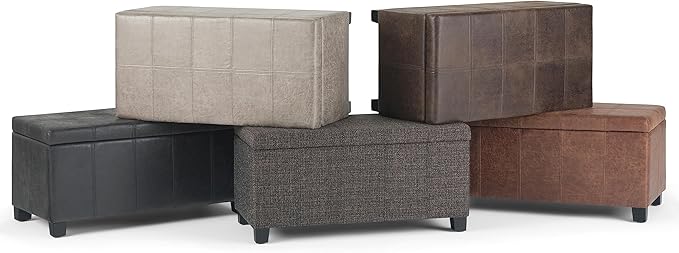 SIMPLIHOME Dover Storage Ottoman Bench - 36 inch Wide Upholstered Vegan Leather Rectangular Lift-Top Ottoman in Distressed Umber Brown, Contemporary Bench for Living Room with Safety Hinges