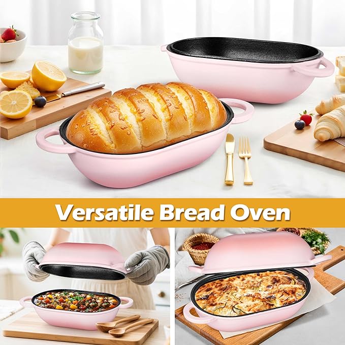 Homikit Enameled Cast Iron Dutch Oven for Bread Baking, 2.8 QT Oval Bread Oven Pot with Lid, Cast Iron Dutch Oven Loaf Sourdough Pan for Roasting Cooking, Pink & Heavy Duty