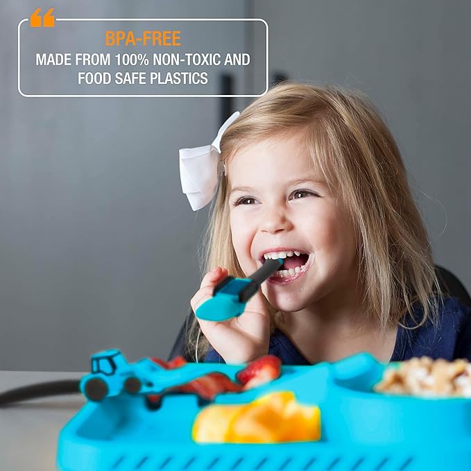 Dinneractive Utensil Set for Kids ??Construction Themed Toddler Forks and Spoons, Toddler Utensils ??2-Piece Set ??Blue Construction Utensils for Toddlers - Loader & Tractor Toddler Spoons and Forks