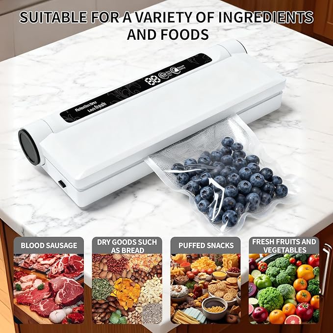 75 kPa Food Vacuum Sealer, Powerful Suction, Dry/Wet Modes for All Food Needs, Low-Temperature Slow Cooking, Countdown Timer, Lightweight and Portable, Includes 20 Sealing Bags, Ideal for Home Use