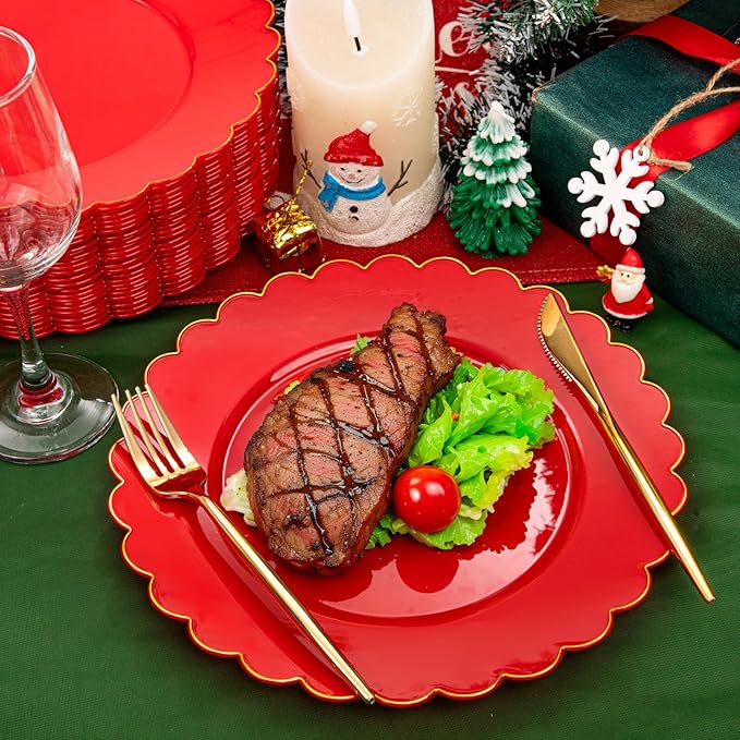 SUT 72 Pcs Red Christmas Plates Disposable, Red Plastic Plates With Gold Trim, 10.25 Inch red Dinner Plates, Fancy Plastic plates, plates Disposable Heavy Duty for Wedding, Parties, Christmas