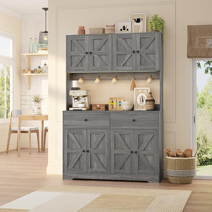 71" Tall Kitchen Pantry Storage Cabinet with Charging Station, 47.2" Wide Kitchen Hutch Cabinet with Large Countertop, Farmhouse Food Pantry with Drawers for Living Room, Gray