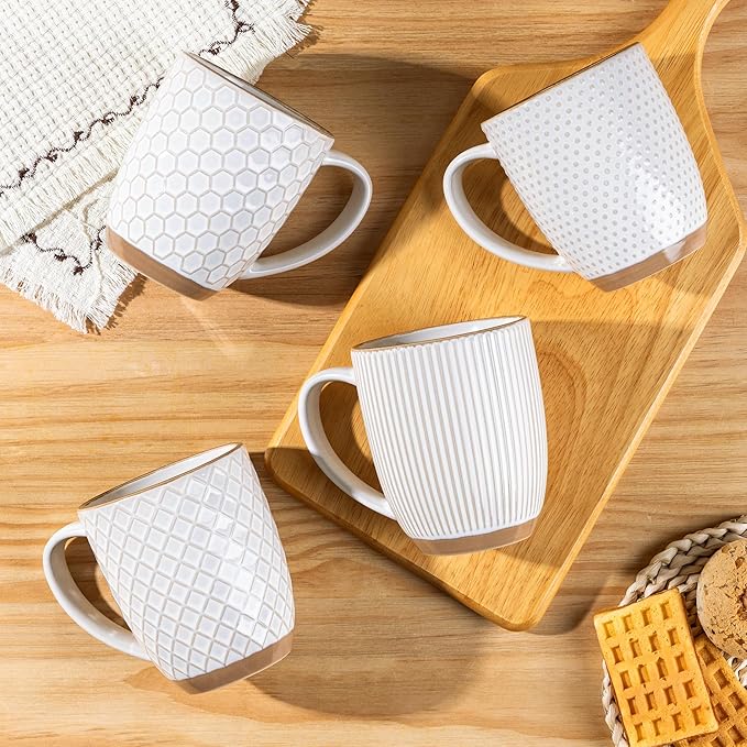 GBhome Large Coffee Mugs Set of 6, 16oz Handmade Embossed Coffee Mugs Set with Large Handle for Cappuccino/Latte/Tea/Hot Cocoa, Dishwasher & Microwave Safe, Off White